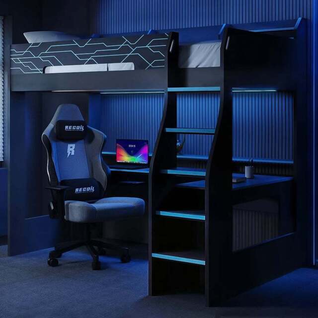 Recoil Ultimate Single Charcoal and Neon Blue Gaming High Sleeper Bed with LED - Flair - Wilko - image 1