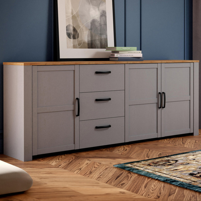 Florence Bohol 3 Door 3 Drawer Grey Riviera Oak Large Sideboard - Size: 42 x 220 x 87cm - Wilko - image 1