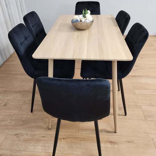 Kosy Koala 6 Seater Velvet Dining Set Wood Effect and Black - Portland - Wilko - image 1