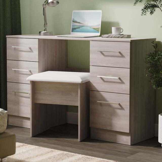 Crowndale Worcester 6 Drawer Grey Oak Kneehole Desk Ready Assembled - Size: 80 x 125 x 39cm - Wilko