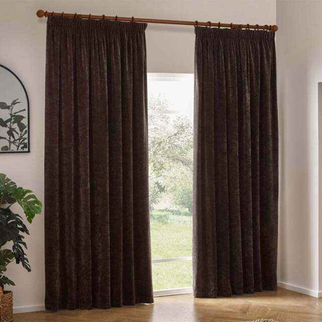 Yard Heavy Brown Chenille Velvet Pencil Pleat Curtains 229 x 137cm - Size: W 229 x D 137cm - Wilko - image 1