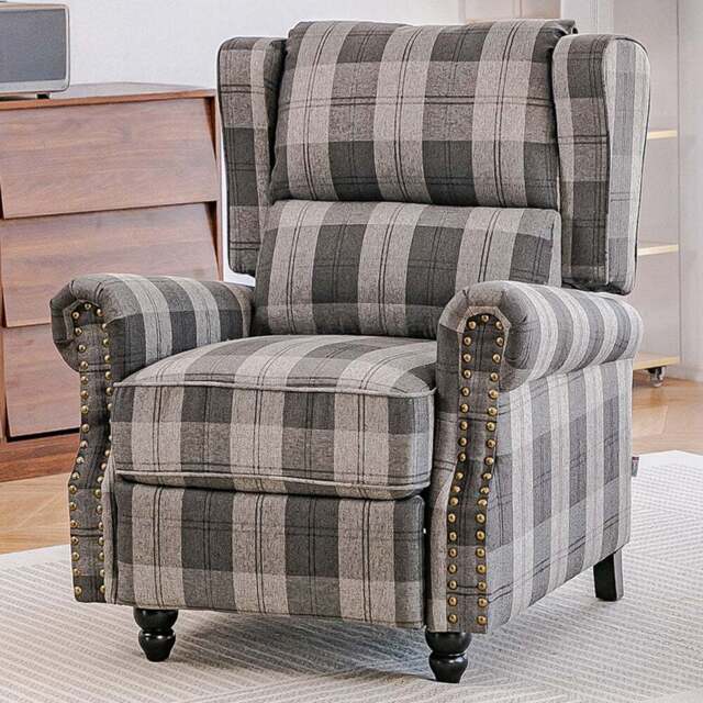 Living and Home Grey and Black Plaid Pattern Linen Pushback Recliner Armchair - Size: 105.5 x 87.5 x 156cm - Grey-Black - Wilko - image 1