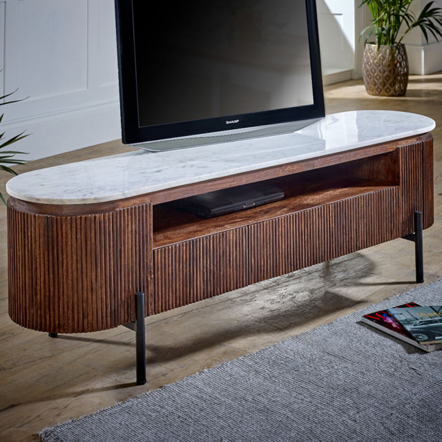 Brooklyn Opal 2 Door 3 Drawer Single Shelf Marble Top Mango Wood TV Unit - Brown - Wilko - image 1