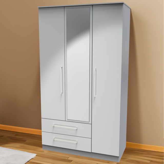 Crowndale Worcester 3 Door 2 Drawer Uniform Grey and Dusk Grey Mirrored Wardrobe Ready Assembled - Size: 3 Door, 2 Drawer - Wilko - image 1