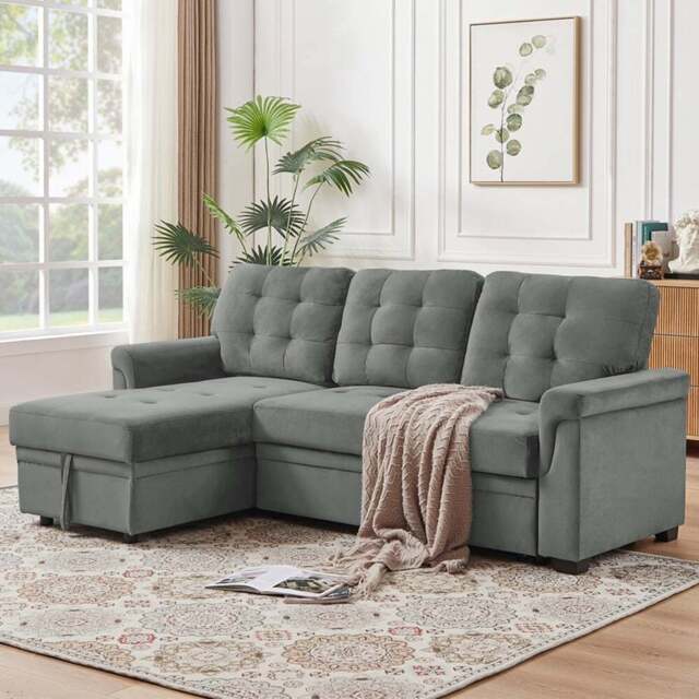 Furniture One 3 Seater Grey Velvet Corner Storage Sofa Bed - Wilko - image 1