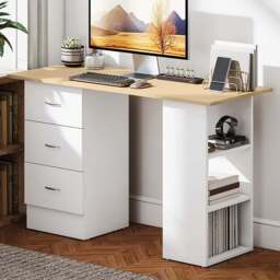HOMCOM 3 Drawer 3 Shelf Computer Desk Natural - Size: 72 x 49 x 120cm - Brown - Wilko