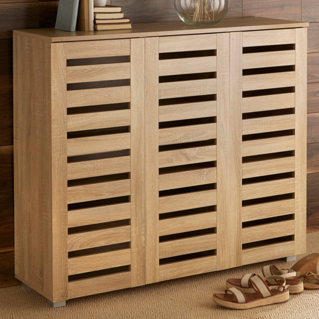 Home Source Oslo 3 Door Oak Effect Shoe Cabinet - Size: 98.2 x 114 x 33.6cm - Brown - Wilko - image 1