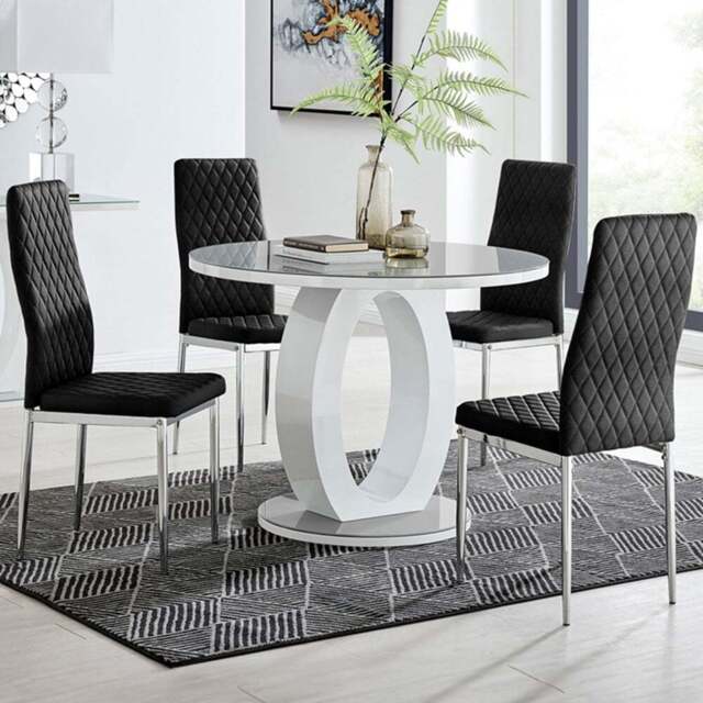 Furniturebox Lucia Valera 4 Seater Round Dining Set Grey Gloss Black and Chrome - Wilko - image 1