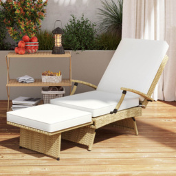 Outsunny Beige Foldable Rattan Recliner Chair with Footrest - Size: 39 x 65 x 175cm - Cream - Wilko - thumbnail 1