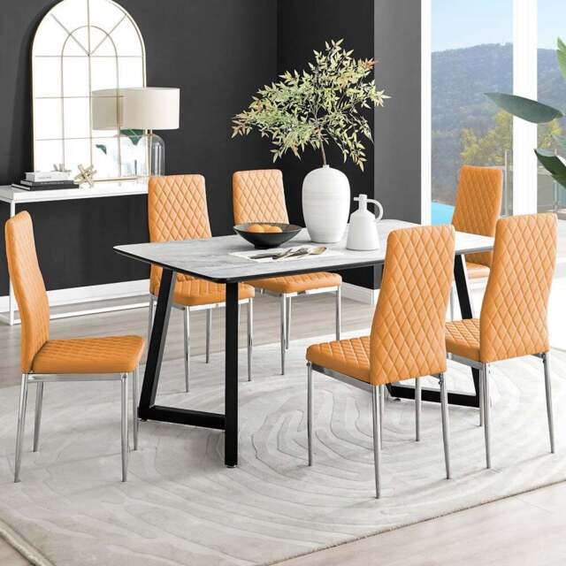 Furniturebox Copeland Valera Marble Effect 6 Seater Dining Set White Mustard and Chrome - Yellow - Wilko - image 1