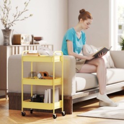 HOMCOM 3-Tier Yellow Mesh Basket Rolling Utility Cart - Size: 79 x 30.6 x 45cm - Wilko - thumbnail 5