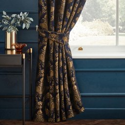 Paoletti Shiraz Navy Floral Jacquard Pencil Pleat Curtain 229 x 229 - Size: W 229 x D 229cm - Blue - Wilko - thumbnail 4