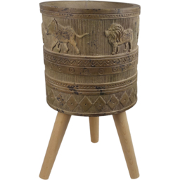 Leaf Jungle Brown Lion Elephant Embossed Composite Planter with Legs 29 x 43cm - Size: 55 x 29 x 29cm - Wilko