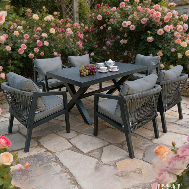 Furniture One 6 Seater Grey Aluminium Garden Dining Set - Wilko - image 1