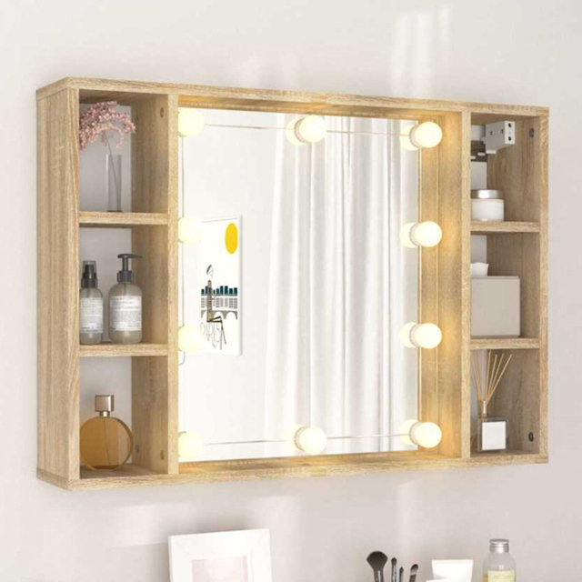 vidaXL 6 Open Shelf Sonoma Oak LED Mirror Cabinet - Size: 55 x 76 x 15cm - Brown - Wilko - image 1