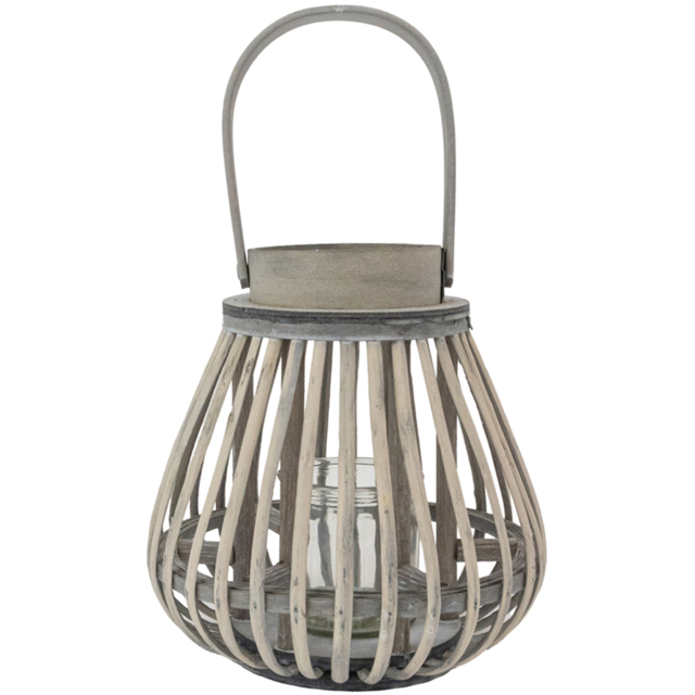 JVL Luna Grey Wash Natural Willow Wood Bulb Shaped Lantern with Wooden Handle - Size: 21.5 x 21.5 x 21.5cm - Wilko - image 1