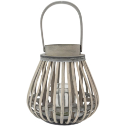 JVL Luna Grey Wash Natural Willow Wood Bulb Shaped Lantern with Wooden Handle - Size: 21.5 x 21.5 x 21.5cm - Wilko