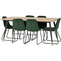 Seconique Hamilton Lukas Oak Effect Velvet 6 Seater Dining Table Set Emerald Green - Multi - Wilko - thumbnail 4