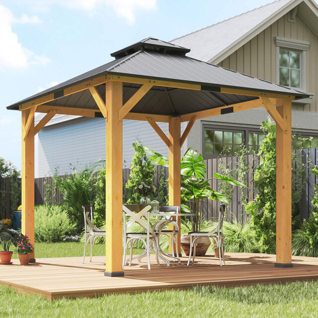 Outsunny 3 x 3m Grey Galvanised Steel and Wood Double Tiered Hardtop Gazebo - Wilko - image 1