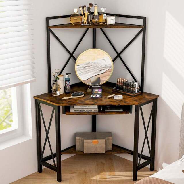 Costway 2 Shelf Corner Computer Desk with Keyboard Tray Rustic Brown - Size: 94 x 91 x 15cm - Wilko