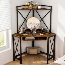 Costway 2 Shelf Corner Computer Desk with Keyboard Tray Rustic Brown - Size: 94 x 91 x 15cm - Wilko - thumbnail 1