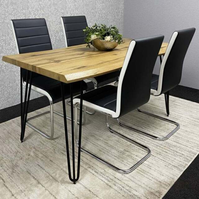 Kosy Koala 4 Seater Striped Faux Leather Wooden Dining Set White and Black - Brown - Wilko - image 1