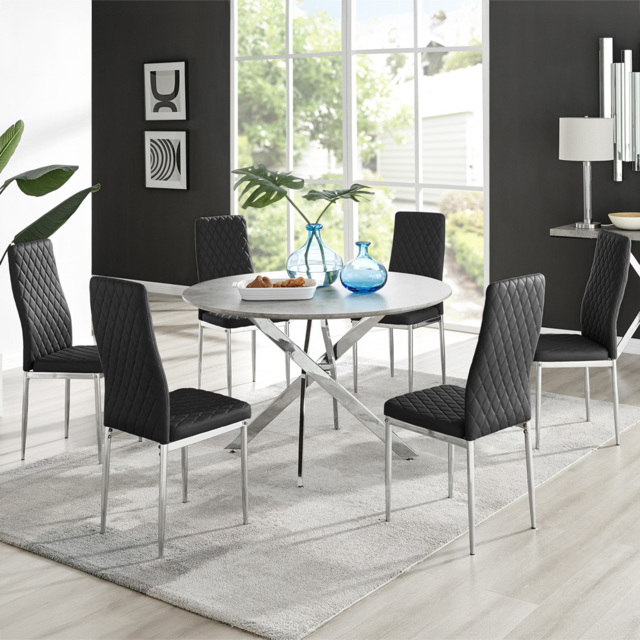 Furniturebox Arona Valera Concrete Effect 6 Seater Round Dining Set Grey Black and Chrome - Wilko - image 1