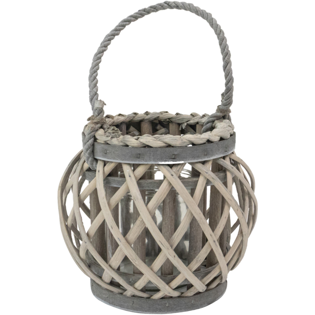 JVL Luna Grey Wash Natural Willow Wood Round Lantern with Braided Rope Handle - Size: 17 x 19 x 19cm - Wilko - image 1