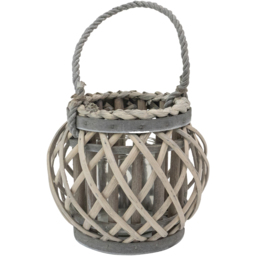 JVL Luna Grey Wash Natural Willow Wood Round Lantern with Braided Rope Handle - Size: 17 x 19 x 19cm - Wilko - thumbnail 1