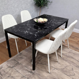 Portland 4 Seater Gem Pattern Faux Leather Marble Effect Tabletop Dining Set Black and White - Wilko