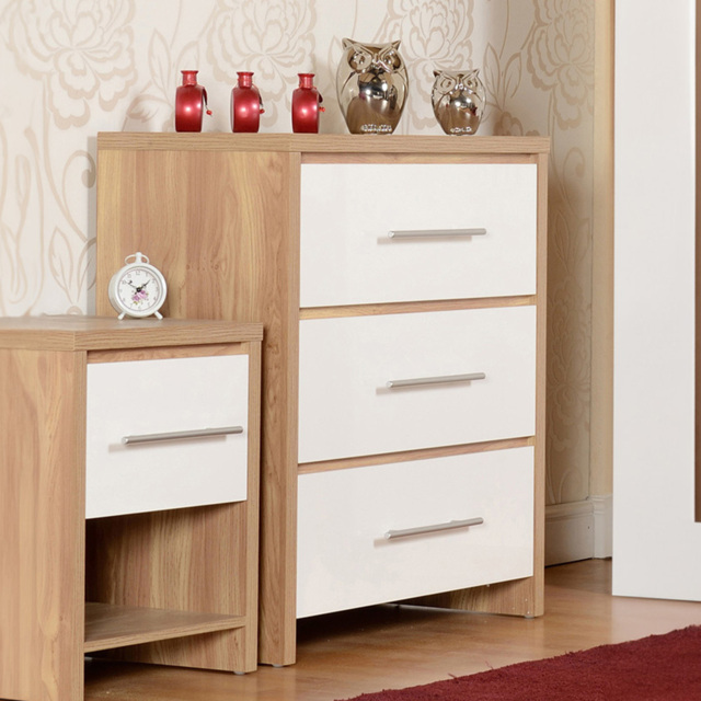 Seconique Seville 3 Drawer White Gloss Light Oak Effect Veneer Chest of Drawers - Wilko - image 1