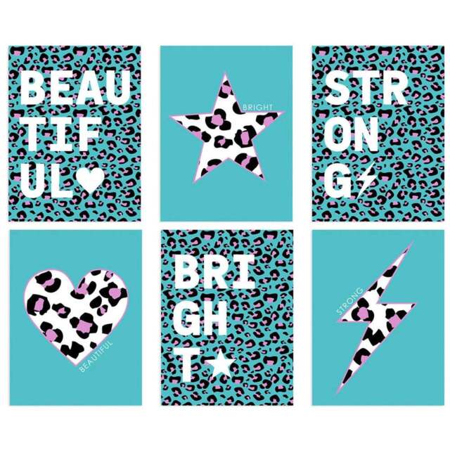 Wee Blue Coo Turquoise and Purple Leopard Pattern Bold Shapes Wall Art Print 30 x 41cm 6 Pack - Size: 40.5 x 30.5 x 0.3cm - Wilko - image 1
