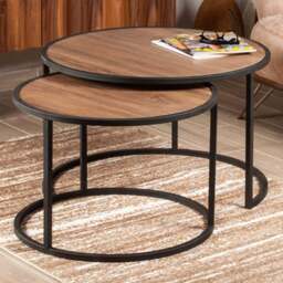 Decorotika Tambur Walnut and Black Round Nest of Coffee Tables Set of 2 - Size: 43 x 66 x 60cm - Multi - Wilko