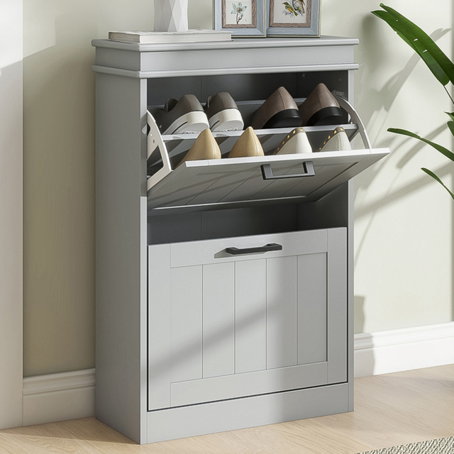 HOMCOM 2 Flip Down Drawer Grey Slim Shoe Cabinet - Size: 82.5 cm x 24 x 54cm - Wilko - image 1