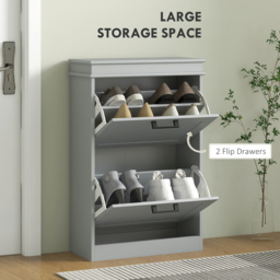 HOMCOM 2 Flip Down Drawer Grey Slim Shoe Cabinet - Size: 82.5 cm x 24 x 54cm - Wilko - thumbnail 5
