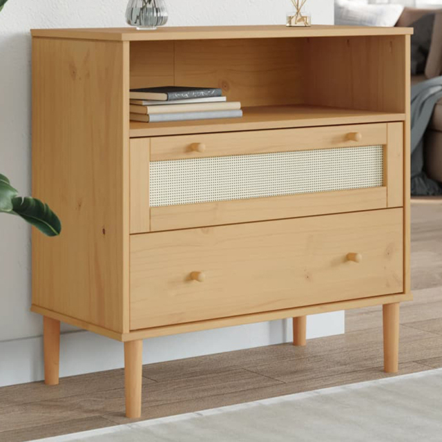 vidaXL Senja 2 Drawer Single Shelf Rattan Look Solid Wood Pine Sideboard - Size: 80 x 80 x 40cm - Brown - Wilko - image 1