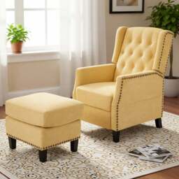 Living and Home Yellow Chenille Pushback Recliner Chair with Footstool - Size: 102 x 62 x 153cm - Wilko
