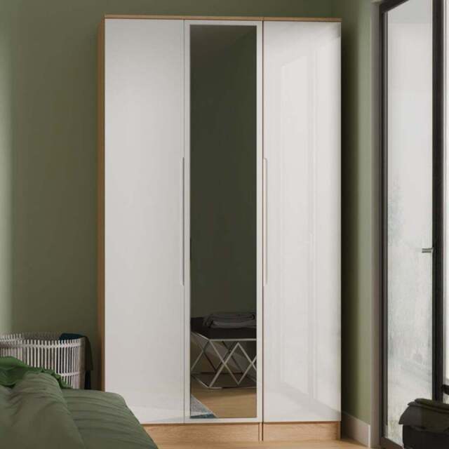 Crowndale Milan 3 Door White Gloss and Bardolino Oak Tall Mirrored Wardrobe Ready Assembled - White Gloss & Bardolino Oak - Wilko - image 1