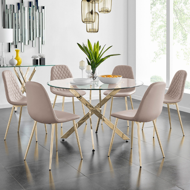 Furniturebox Arona Solara 6 Seater Round Dining Set Cappuccino Beige and Gold - Brown - Wilko - image 1