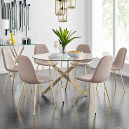 Furniturebox Arona Solara 6 Seater Round Dining Set Cappuccino Beige and Gold - Brown - Wilko - thumbnail 1