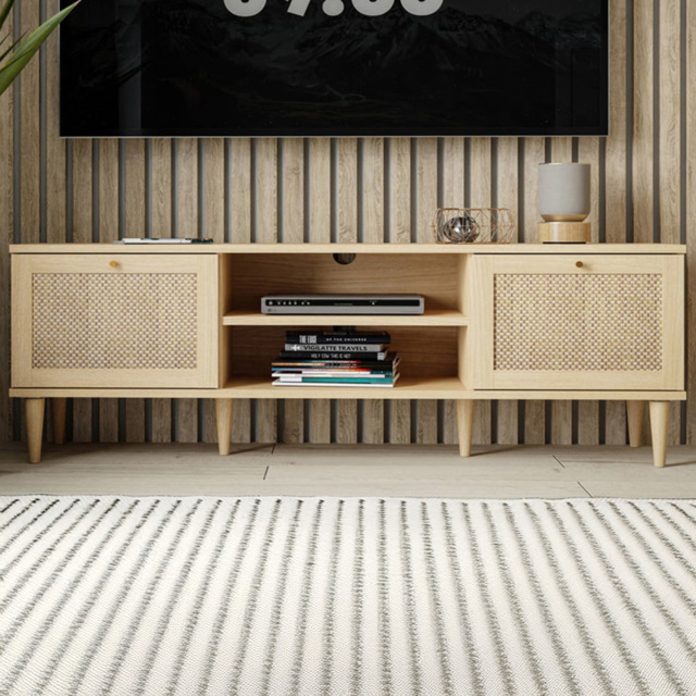 Florence Calasetta 2 Door 2 Shelf Light Oak Rattan TV Unit - Size: 41 x 159 x 57cm - Multi - Furniture to Go - Wilko - image 1