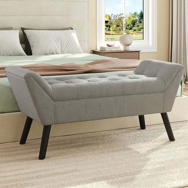 Living and Home Grey Modern Soft Velvet Buttoned Armed Bench - Size: 56 x 118 x 45cm - Wilko - image 1