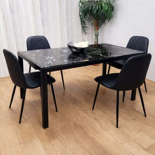 Kosy Koala 4 Seater Glass and Faux Leather Gem Pattern Dining Set Black and Marble Effect - Portland - Wilko - image 1