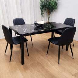 Kosy Koala 4 Seater Glass and Faux Leather Gem Pattern Dining Set Black and Marble Effect - Portland - Wilko