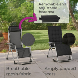 Neo Zero Gravity Black Reclining Sun Lounger with Padded Cushions - Size: 160 x 67.5 x 109cm - Wilko - thumbnail 6