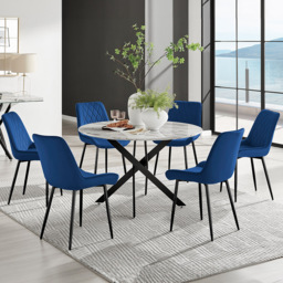 Furniturebox Arona Cesano Marble 6 Seater Round Dining Set White and Navy - Blue - Wilko - thumbnail 1
