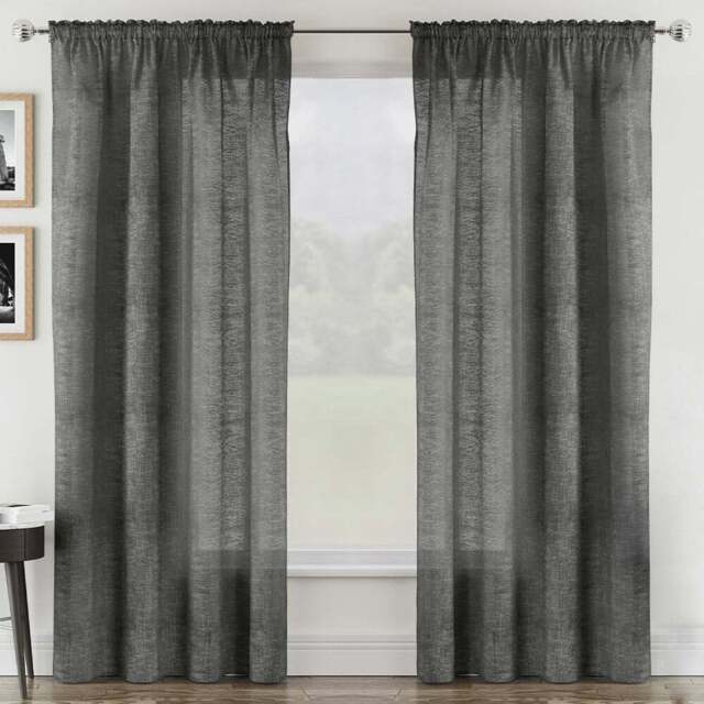 Tyrone Textiles Rhodes Charcoal Linen Look Rod Pocket Voile Panel Curtains 140 x 122cm - Size: W 140 x D 122cm - Wilko - image 1