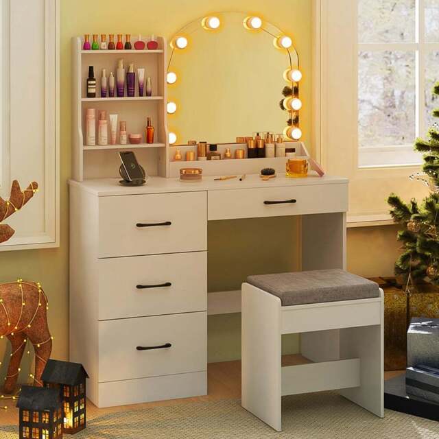 Costway White Dressing Table and Stool Set with LED Mirror - Size: 100 x 40 x 140cm - Wilko - image 1