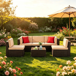 Willowmare 5 Seater Beige and Brown Rattan Patio Furniture Set - Grey - Wilko - thumbnail 3