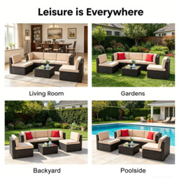 Willowmare 5 Seater Beige and Brown Rattan Patio Furniture Set - Grey - Wilko - thumbnail 5